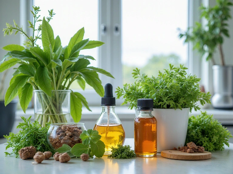 Plantas medicinales y extractos naturales en un entorno de laboratorio