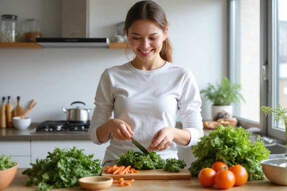 Mujer sonriendo mientras prepara una ensalada fresca con una variedad de vegetales coloridos, como espinacas, zanahorias y tomates. La cocina es luminosa y moderna.