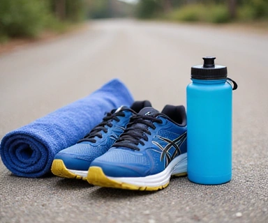 Un par de zapatillas de deporte con una botella de agua y una toalla, simbolizando la preparación para el ejercicio físico.