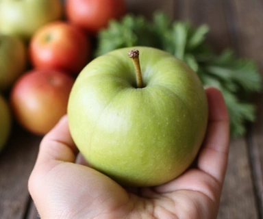 Una mano sosteniendo una manzana verde fresca, con un fondo ligeramente desenfocado de otras frutas y verduras.