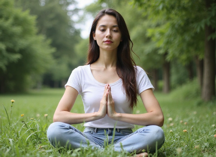 Una persona meditando tranquilamente en un entorno natural, con las manos en posición de loto y una expresión serena, rodeada de vegetación.