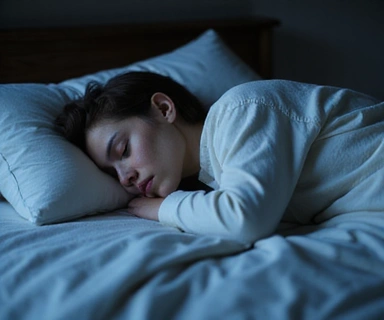 Una persona durmiendo plácidamente en una cama limpia y cómoda, con una manta suave y una almohada, en una habitación con luz tenue.