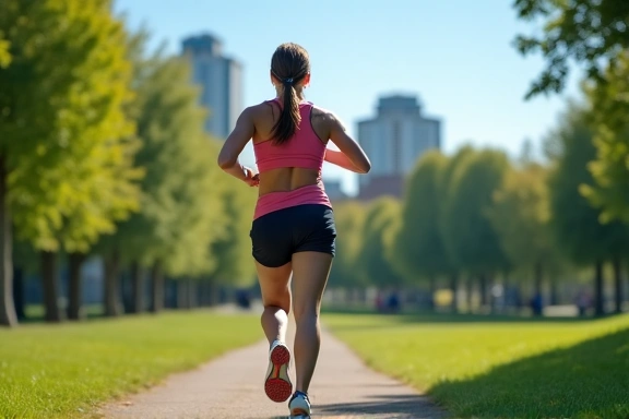 Una persona trotando al aire libre en un parque, con árboles verdes y un cielo azul de fondo. La persona lleva ropa deportiva y se ve activa y saludable.