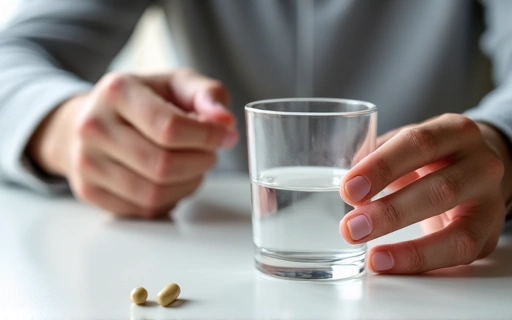 Hombre tomando una cápsula de suplemento con un vaso de agua