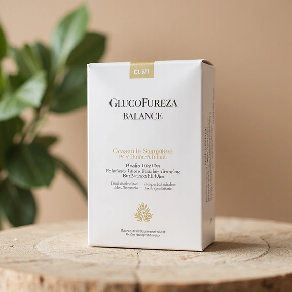 Envase de GlucoFuerza Balance con diseño moderno y colores suaves, sobre un fondo que sugiere bienestar y naturaleza.