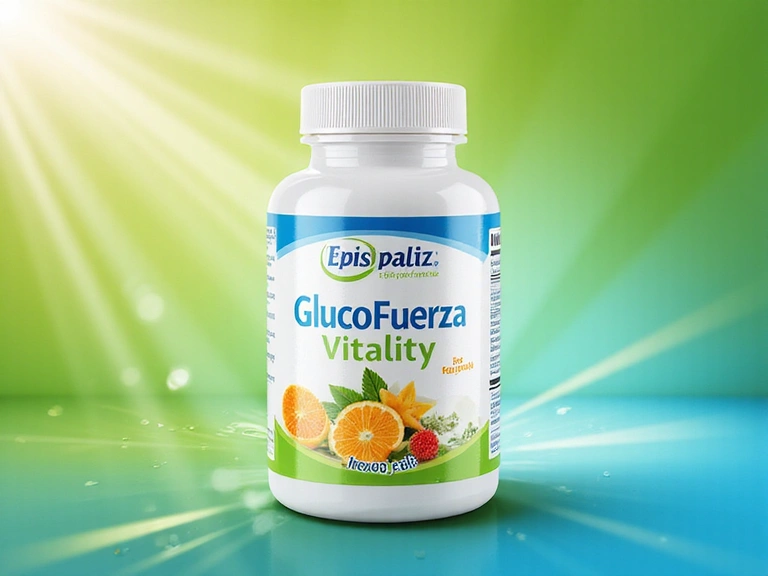 Imagen de GlucoFuerza Vitality, mostrando el envase del producto con un diseño vibrante y elementos que sugieren energía y bienestar.