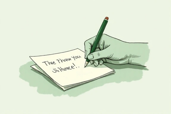 Ilustración de una mano escribiendo un mensaje de agradecimiento.