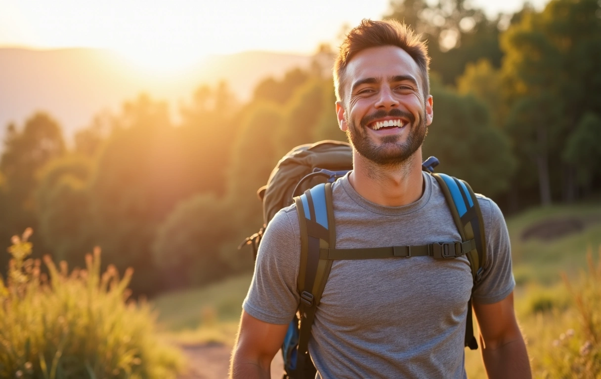 Hombre atlético y sonriente disfrutando de una caminata al aire libre en un entorno natural y soleado, simbolizando un estilo de vida saludable.
