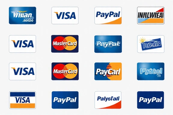 Iconos de métodos de pago como Visa, Mastercard, PayPal
