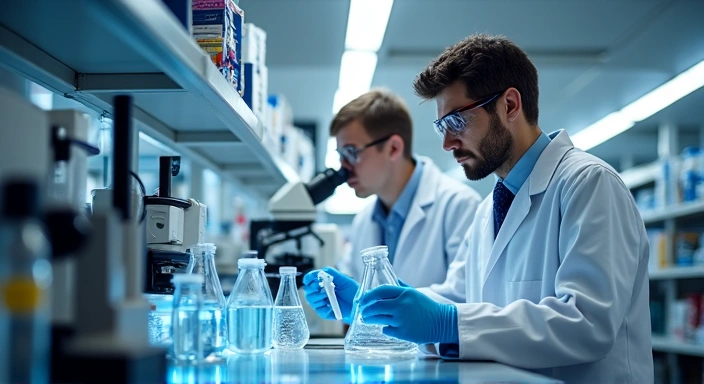 Científicos trabajando en un laboratorio moderno con equipos de alta tecnología, enfocados en investigación y desarrollo de suplementos naturales.