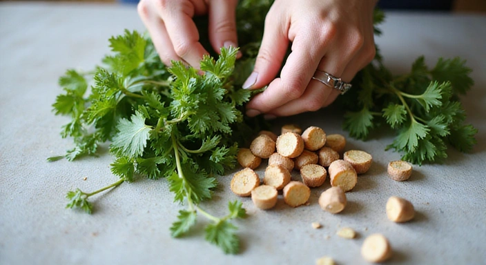 Manos seleccionando cuidadosamente hierbas frescas y raíces en un entorno limpio, simbolizando la selección de ingredientes naturales de alta calidad.