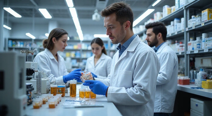 Técnicos en un laboratorio de control de calidad realizando pruebas en muestras de suplementos, con equipos de análisis de precisión.